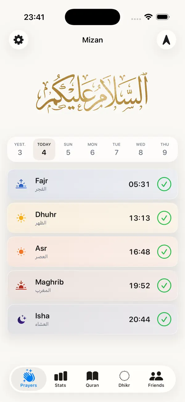 Mizan daily prayer view with all five prayers completed
